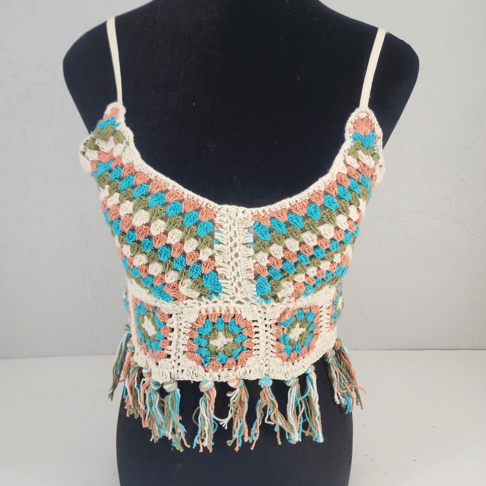 NWT Handmade‎ Medium | Crochet Fringe Boho Festival Crop Top Cream Multi